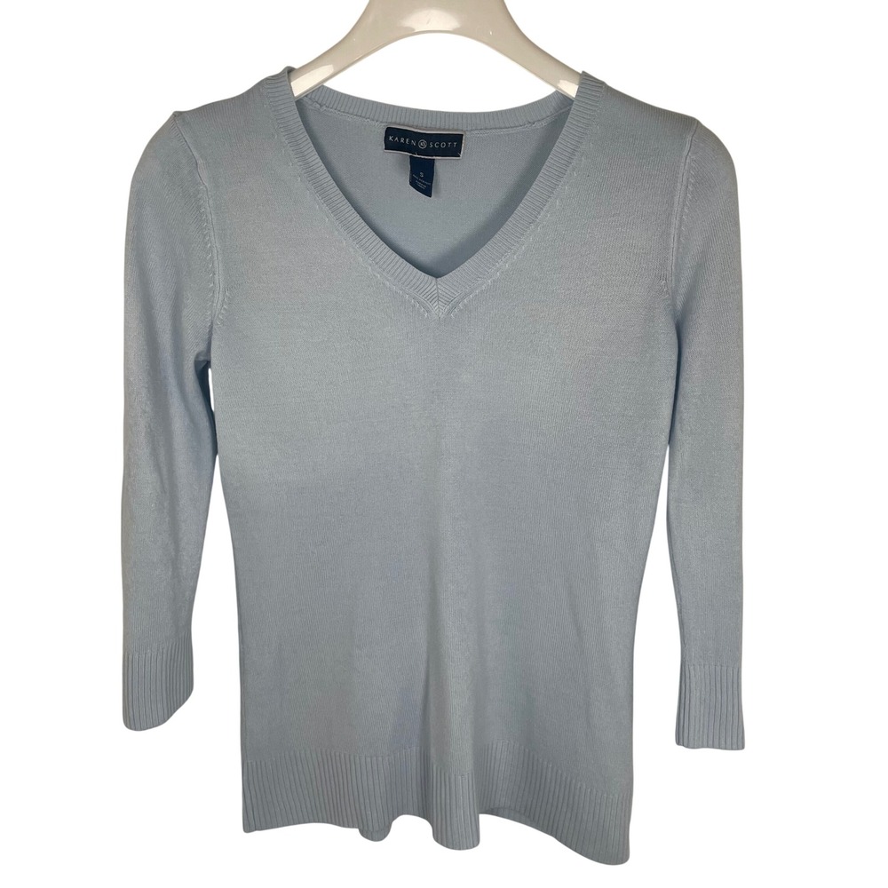 Karen Scott Sky Blue V-Neck 3/4 Sleeve Sweater, S